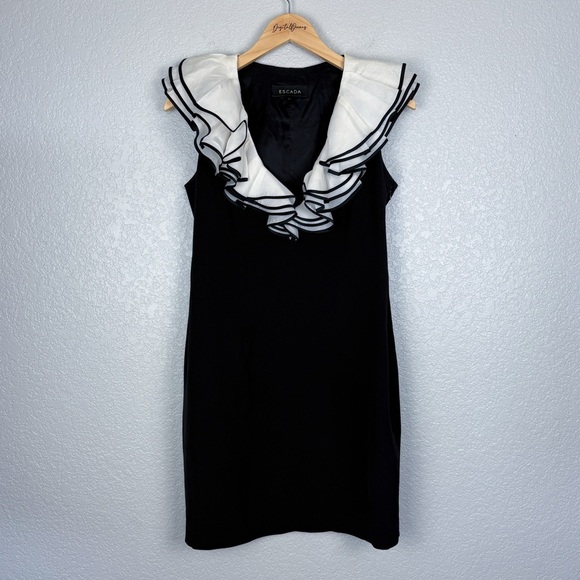 Escada Vintage Black Cocktail Dress w/ White Ruffle Collar 40 - Designer, V-Neck - Picture 2 of 16